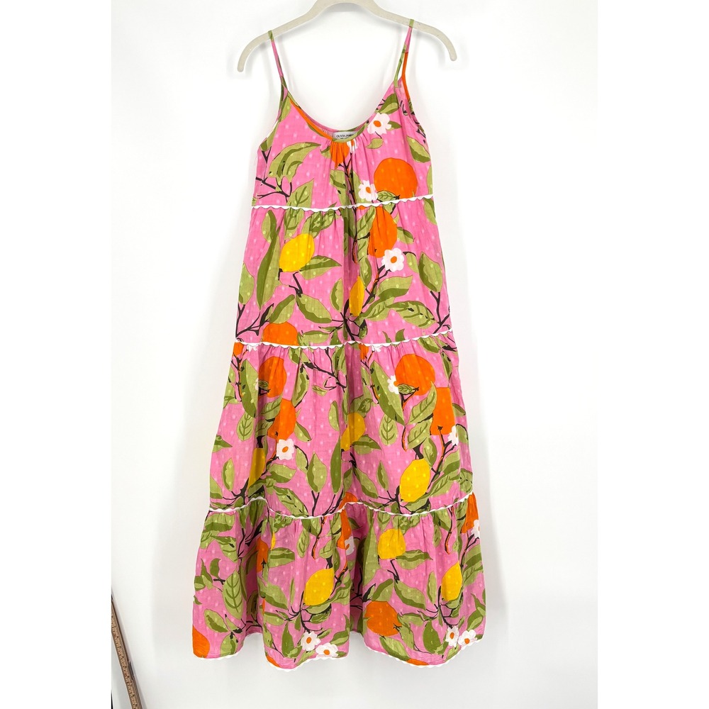 Olivia James The Label Pink Citrus Fruit Print Tiered Maxi Dress Ric Rac Trim XS - Picture 2 of 10